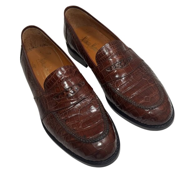 NEIMAN MARCUS  100% Genuine Alligator Handmade Mens Loafers Brown Sz 10.5 🔥 - Picture 1 of 9